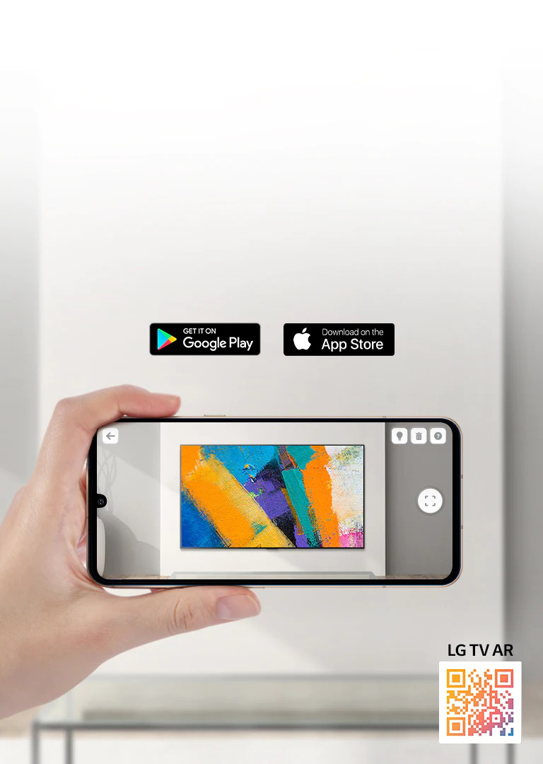 A person using LG TV AR app on a phone and a QR code which links to LG TV AR (http://www.lgtvism.com/lgtvar)